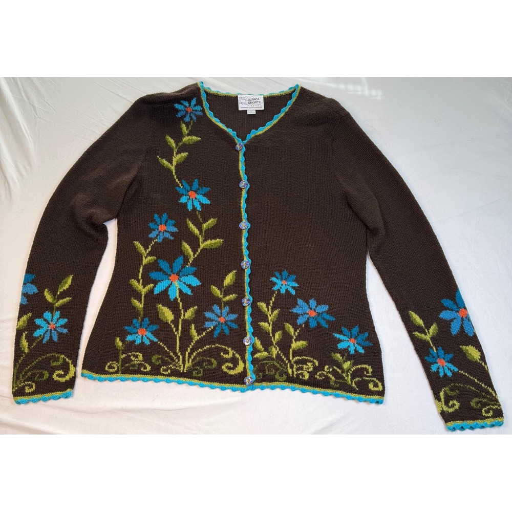 Hand Made Peru Alpaca Imports Alpaca Wool Blend Floral Cardigan Women's L Boho
